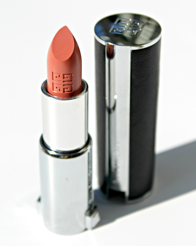 Givenchy Le Rouge Beige Plume #102 Swatch, Review, lipstick in silver bullet case, best peachy nude