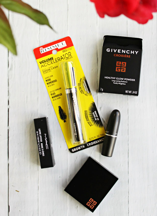 MAC Lustre Lipstick Lovelorn, Givenchy Croisiere Healthy Glow Powder in 02 Douce Croisiere, Rimmel Volume Accelerator Mascara