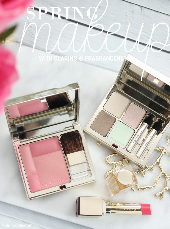 How to Refresh Your Makeup Look for Spring, Clarins Eye Quartet Mineral Palette #01 Pastels, Clarins Blush Prodige Illuminating Cheek Color #03 Miami Pink, Clarins Rouge Eclat Satin Finish Age Defying Lipstick #04 Tropical Pink Swatches