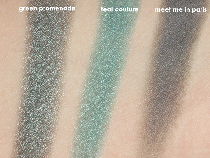 L’Oreal Infallible Colour Riche Mono Eyeshadows, Loreal Mono Shadows, Loreal Monos, green promenade Swatch, teal couture Swatch, meet me in paris Swatch