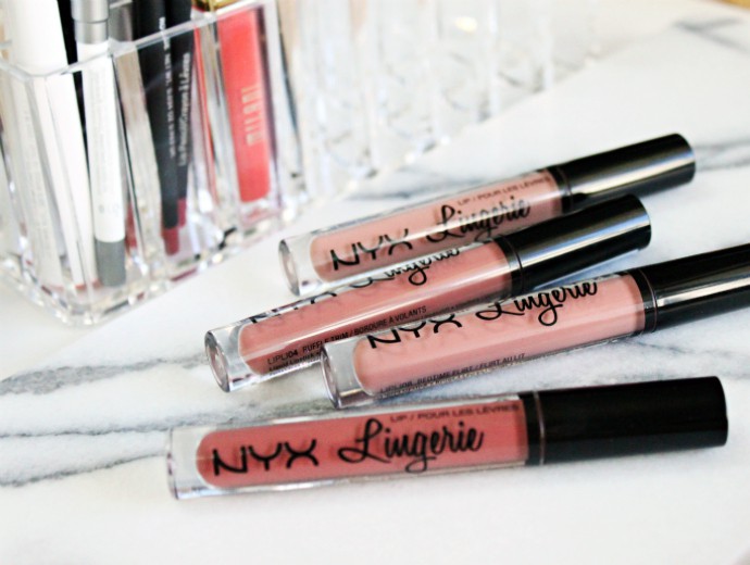 NYX Lip Lingerie Swatches of Push-Up, Bedtime Flirt, Exotic, and Ruffle Trim | Great Drugstore Matte Lipsticks