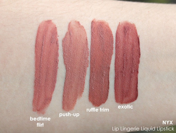 NYX Lip Lingerie Swatches of Push-Up, Bedtime Flirt, Exotic, and Ruffle Trim | Great Drugstore Matte Lipsticks