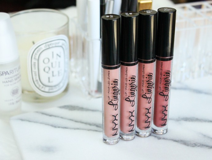 NYX Lip Lingerie Swatches of Push-Up, Bedtime Flirt, Exotic, and Ruffle Trim | Great Drugstore Matte Lipsticks