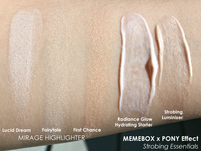 MEMEBOX x Pony Effect Highlight/Strobe Collection - Radiance Glow Hydrating Starter, Strobing Luminizer, Mirage Highlighter in Luxid Dream, Fairytale, First Chance (Swatches, Review)