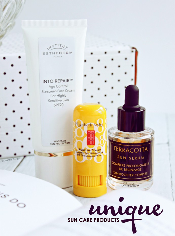 3 Unique Sun Care Products Missing from Your Beach Bag: Institut Esthederm Sun Intolerance Treatment High Protection Face Cream, Elizabeth Arden Eight Hour Cream Targeted Sun Defense Stick SPF50, and Guerlain Terracotta Sun Serum