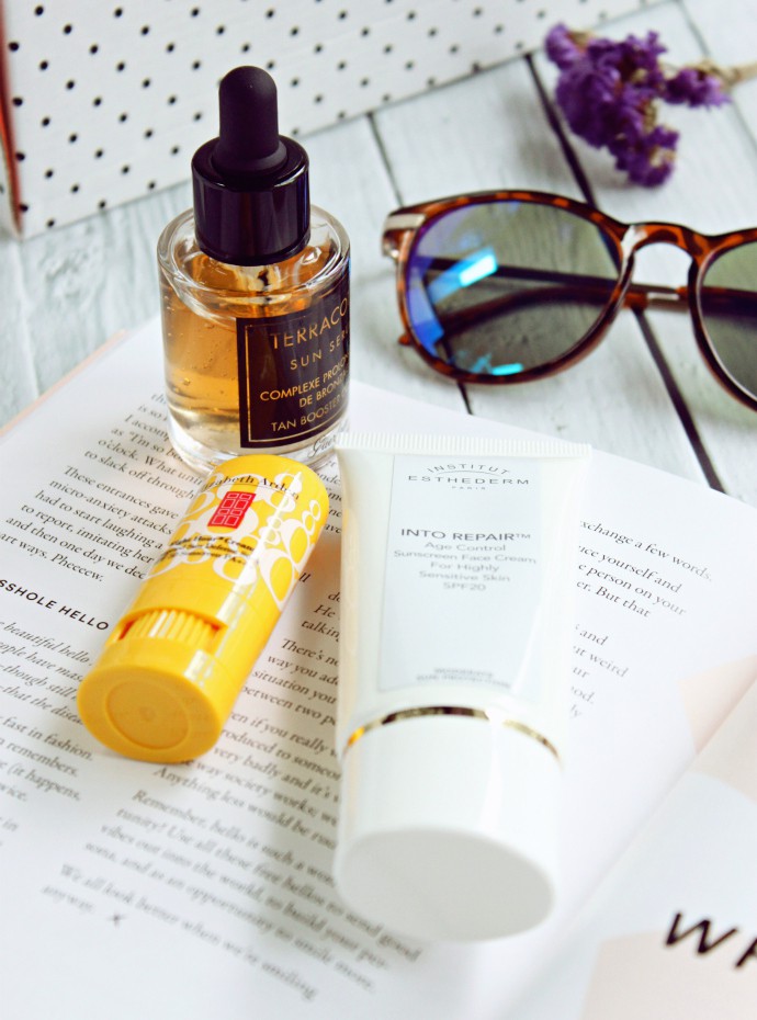 3 Unique Sun Care Products Missing from Your Beach Bag: Institut Esthederm Sun Intolerance Treatment High Protection Face Cream, Elizabeth Arden Eight Hour Cream Targeted Sun Defense Stick SPF50, and Guerlain Terracotta Sun Serum