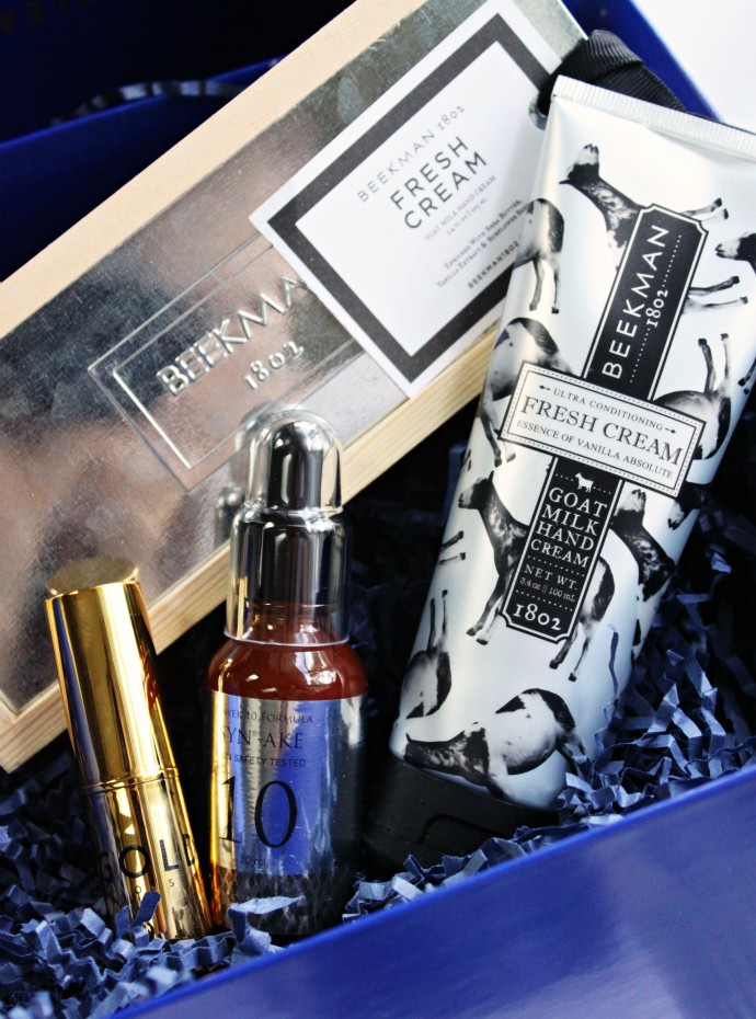 Indigo Beaux July 2016 | Included: It's Skin Formula 10 Serum Syn-Ake, Gold Label Lipstick in Private Jets, Beekman 1802 Hand Cream in Fresh Cream, ABHA Candle in Forever Blossom, Indigo Beaux Herbal Pillow Rose Lavender & Chamomile