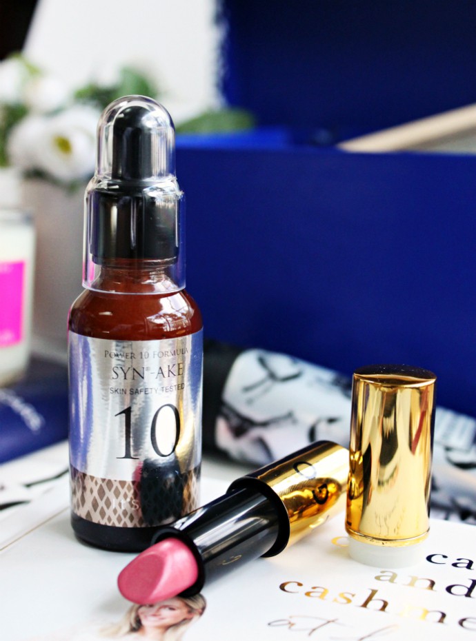 Indigo Beaux July 2016 | Included: It's Skin Formula 10 Serum Syn-Ake, Gold Label Lipstick in Private Jets, Beekman 1802 Hand Cream in Fresh Cream, ABHA Candle in Forever Blossom, Indigo Beaux Herbal Pillow Rose Lavender & Chamomile