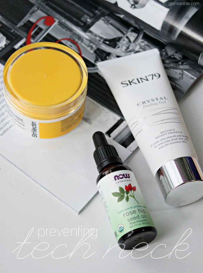 Best products to treat tech neck, SKIN79 Crystal Peeling Gel, NOW Foods Rose Hip Seed Oil, StriVectin TL Advanced Tightening Neck Cream