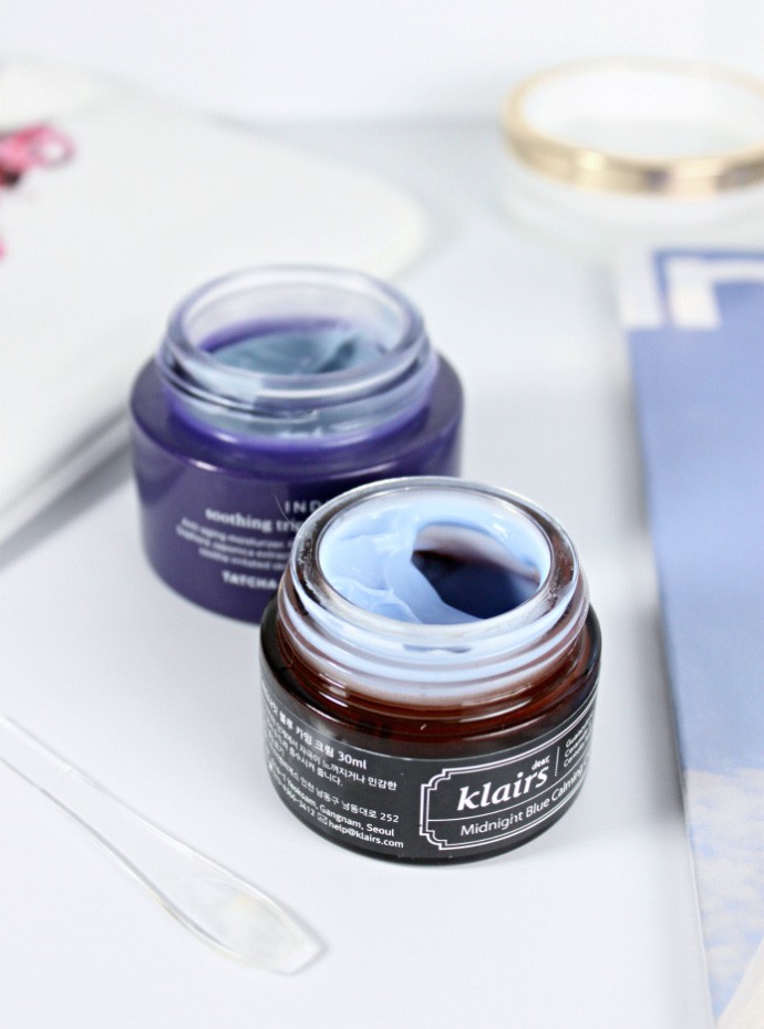 Blue Beauty Products to Soothe Winter Skin: TATCHA Indigo Soothing Triple Recovery Cream and dear klairs Midnight Blue Calming Cream
