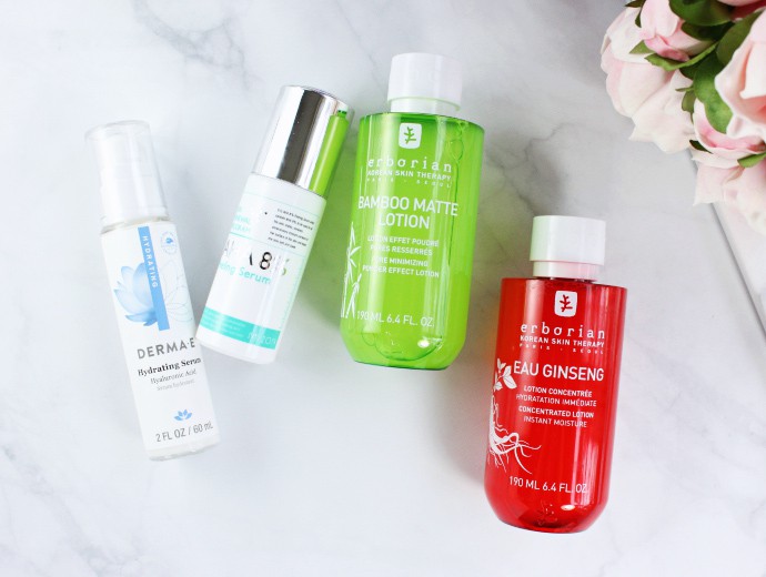 Trying Right Now ... New beauty products for Spring 2017 | Erborian Bamboo Matte Lotion and Eau Ginseng, Mizon AHA 8% Peeling Serum, derma e Hydrating Serum