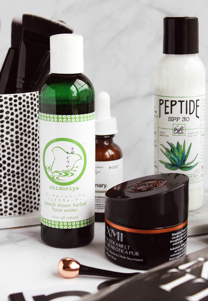 March Skincare Favorites - LXMI Pure Nilotica Melt Nourishing Balm-to-Oil, The Ordinary Advanced Retinoid 2%, The Ordinary Alpha Arbutin 2% + HA, NOW Solutions Organic Rose Hip Seed Oil, Paula's Choice Resist Anti-Aging Omega+ Complex Serum, Chidoriya Peach Herbal Moon Face Toner, Erin's Faces Peptide SPF 30