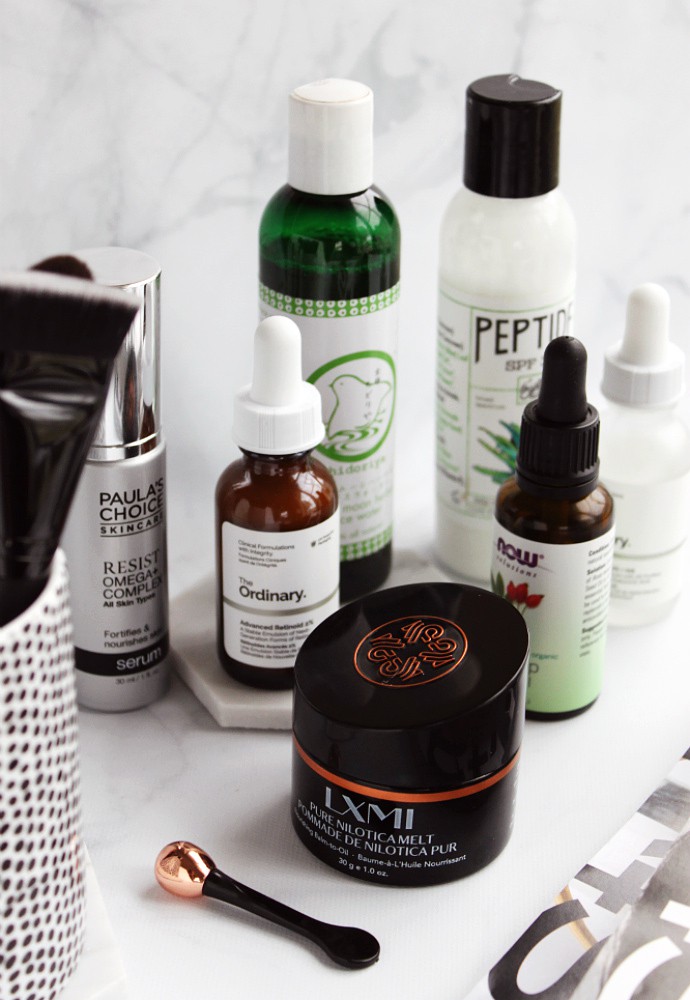 March Skincare Favorites - LXMI Pure Nilotica Melt Nourishing Balm-to-Oil, The Ordinary Advanced Retinoid 2%, The Ordinary Alpha Arbutin 2% + HA, NOW Solutions Organic Rose Hip Seed Oil, Paula's Choice Resist Anti-Aging Omega+ Complex Serum, Chidoriya Peach Herbal Moon Face Toner, Erin's Faces Peptide SPF 30