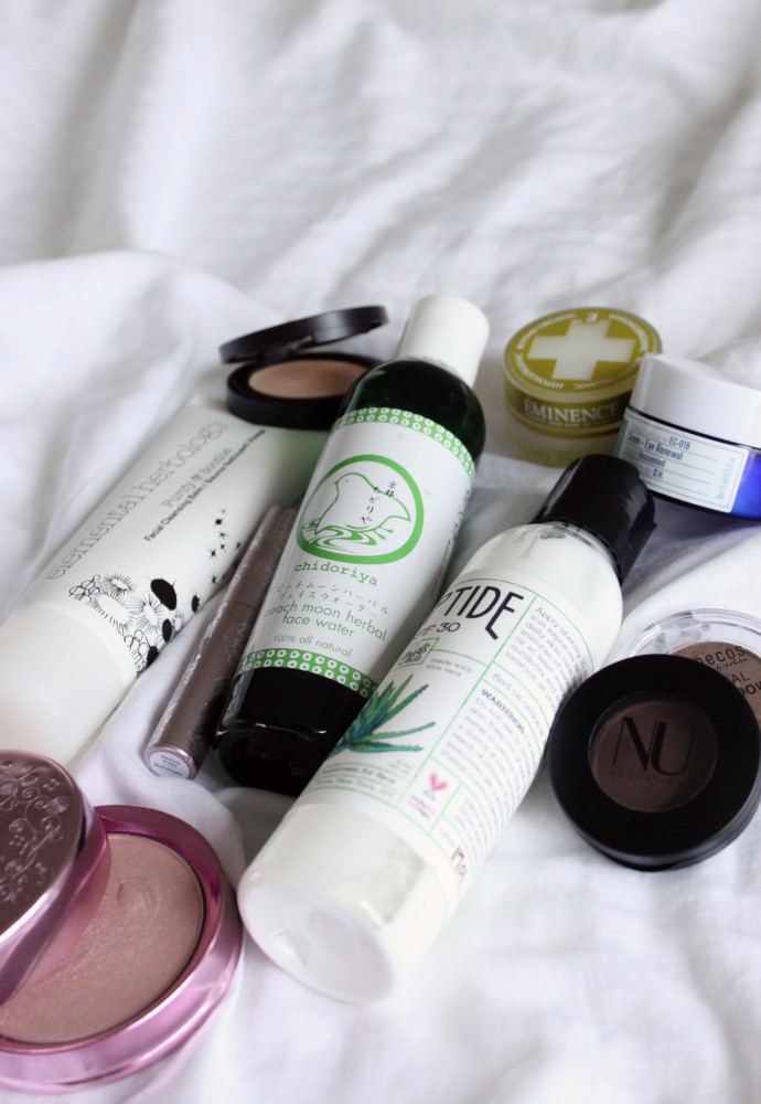 April Beauty Favorites:  Chidoriya Peach Moon Herbal Face Water, Elemental Herbology Purify and Soothe Facial Cleansing Balm, Eminence Bearberry Eye Repair Cream, LabGrab by Silk Therapeutics Cream-Eye Renewal, Hush + Dotti Organic Concealer in Jane, NU Evolution Eyeshadow in Chocolate Mousse, 100% Green Tea Fiber Brow Builder in Medium Brown, Benecos Natural Eyeshadow in Choco Cookie, 100% Pure Gemmed Luminizer in Moonstone Glow, Erin's Faces Peptide SPF30