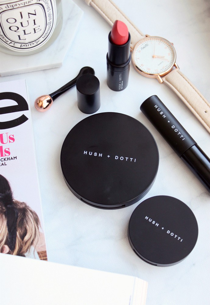 Swatches Clean, Non-Toxic Makeup from Hush + Dotti, Pressed Mineral Foundation in Beach Girl, Organic Concealer in Jane, Organic Mascara, Organic Lipstick in T-Bone