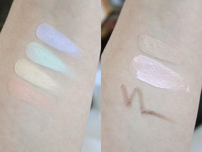 L'Oreal Infallible Total Cover Foundation 301 swatch, Infallible Total Cover Concealing & Contour Kit swatch, Visible Lift Radiance Booster swatch, Brow Stylist Kabuki Blender swatch