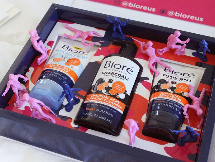 Biore Baking Soda Acne Scrub, Charcoal Acne Scrub, and Charcoal Acne Clearing Cleanser