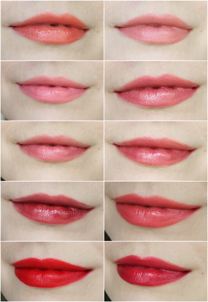 natural, Organic, Vegan, Non-toxic Lipstick Swatches L to R: NU Evolution Melon, NU Evolution Allure, 100% Pure Fruit Dandelion, 100% Pure Foxglove, Mineral Fusion Honeysuckle, Mineral Fusion Ripe, Mineral Fusion Blackberry, Hush + Dotti T-bone, 100% Pure Sonora, Benecos Watermelon.