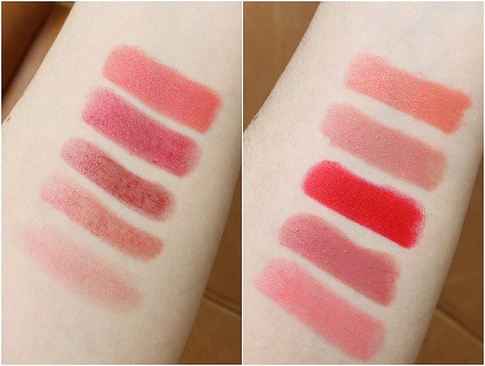 natural, Organic, Vegan, Non-toxic Lipstick Swatches L to R: NU Evolution Melon, NU Evolution Allure, 100% Pure Fruit Dandelion, 100% Pure Foxglove, Mineral Fusion Honeysuckle, Mineral Fusion Ripe, Mineral Fusion Blackberry, Hush + Dotti T-bone, 100% Pure Sonora, Benecos Watermelon.